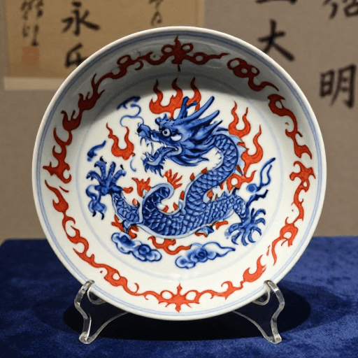 传统工艺素材：青花釉里红龙纹瓷盘：非遗工艺与光影艺术的完美融合