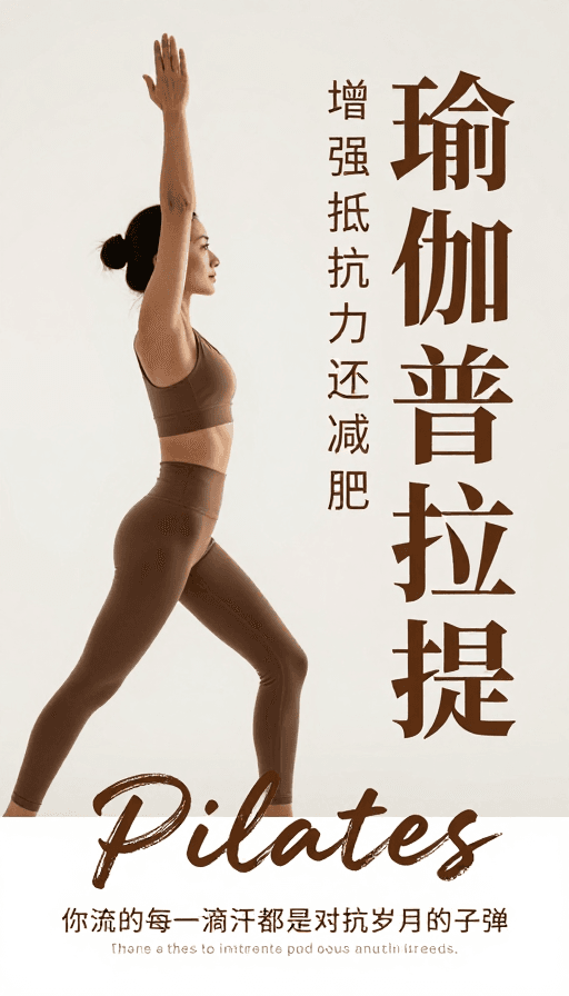 瑜伽普拉提素材：极简健身海报：暖棕色调下的优雅普拉提