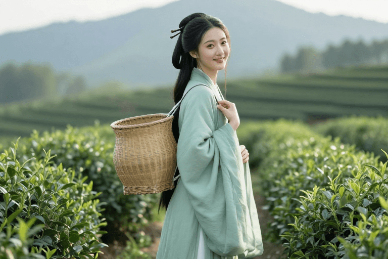 汉服摄影素材：青衫茶韵：汉服女子茶园回眸