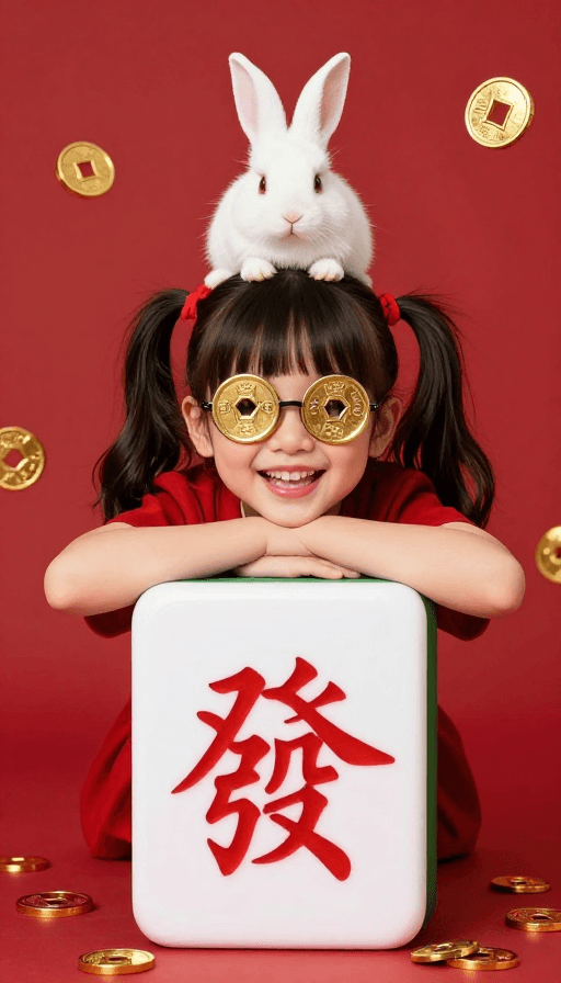 喜庆插画素材：财神双马尾萌兔趴麻将牌福运满满