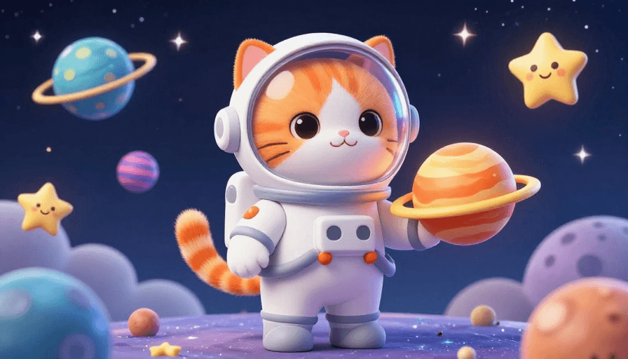 梦幻太空素材：梦幻太空：卡通宇航员猫咪探索多彩星球
