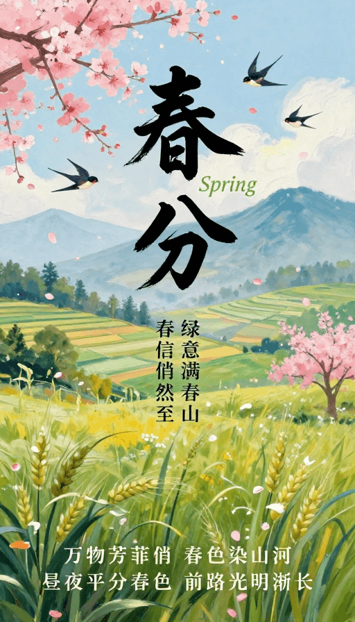 手绘油画素材：春意盎然：春分手绘油画插画海报