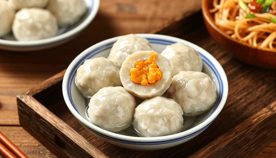 中式料理素材：精致鱼丸蟹黄盛宴：温暖木盘上的美味艺术