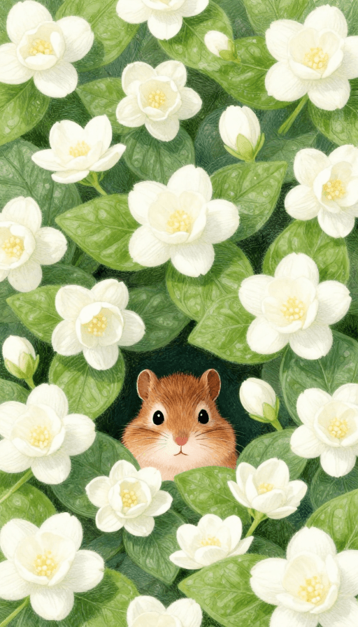 治愈系插画素材：治愈茉莉花与花栗鼠彩铅插画