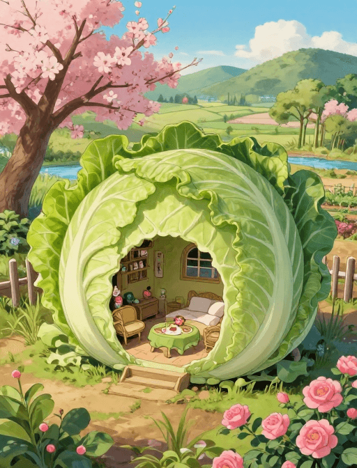 童话世界素材：宫崎骏风格：巨大卷心菜小屋里的童话春日午后