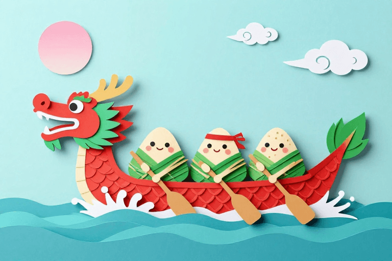 剪纸插画素材：红绿龙舟迎端午，童趣剪纸庆佳节