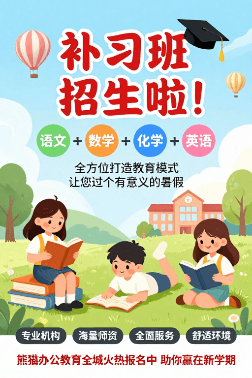 暑期课程素材：清新童趣教育招生海报：扁平插画风暑期课程宣传