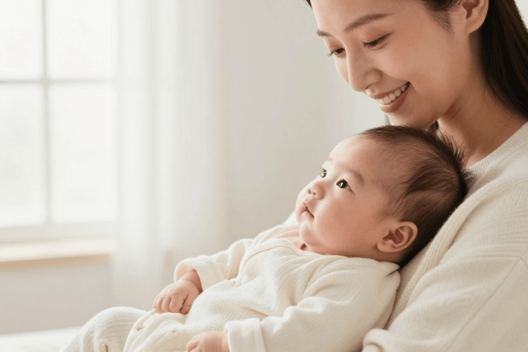 新生儿特写素材：母爱温情：亚洲母亲怀抱新生儿柔光特写