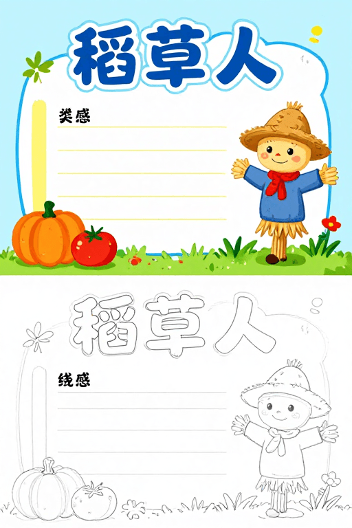 插画风格素材：童趣双页稻草人插画：彩色与线稿结合的手抄报设计