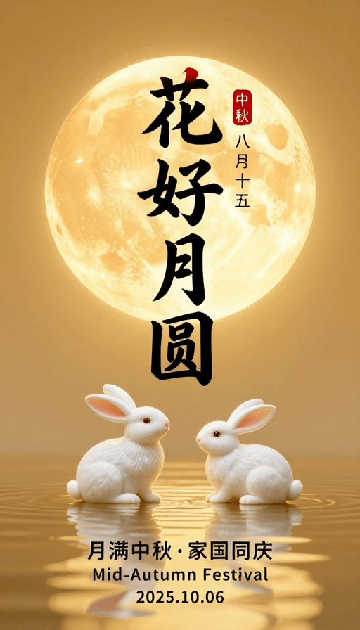 满月素材：金辉满月·花好月圆：典雅中秋团圆贺卡
