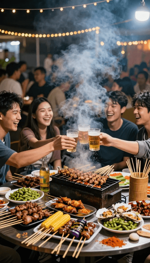 烟火气摄影素材：夏夜大排档狂欢：青年烧烤聚会热闹瞬间