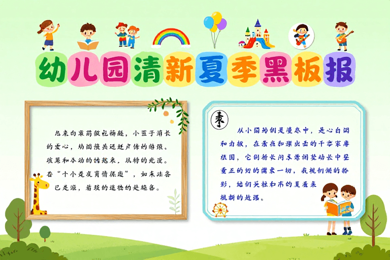 清新插画素材：幼儿园清新夏季黑板报：童趣插画海报