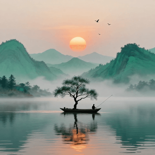 湖景摄影素材：墨韵山水：静谧湖畔日落孤舟图