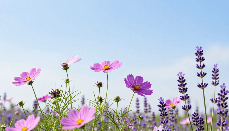 花卉摄影素材：春日花海：清新波斯菊与薰衣草的自然风光摄影