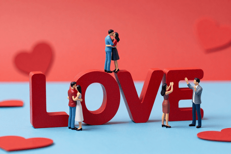 情人节素材：红蓝微缩情侣LOVE互动 高饱和浪漫广告图