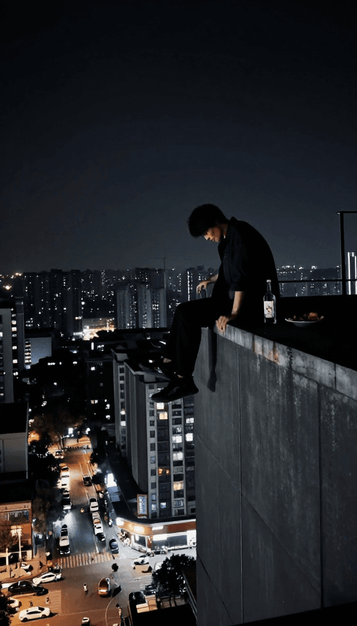 纪实风格素材：都市深夜独坐：颓废身影下的绝望与孤独