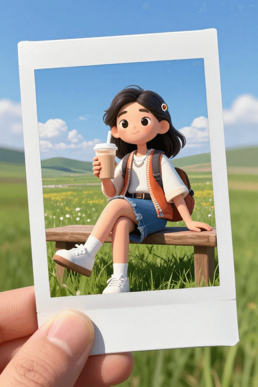 超高清摄影素材：3D萌系草原旅人：奶茶时光宝丽来