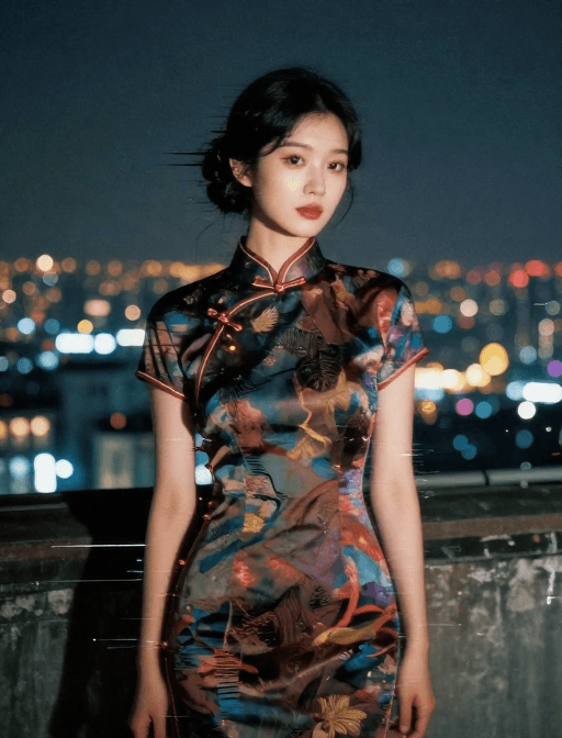 胶片质感素材：旗袍少女与万家灯火的双重曝光：未来超现实胶片艺术