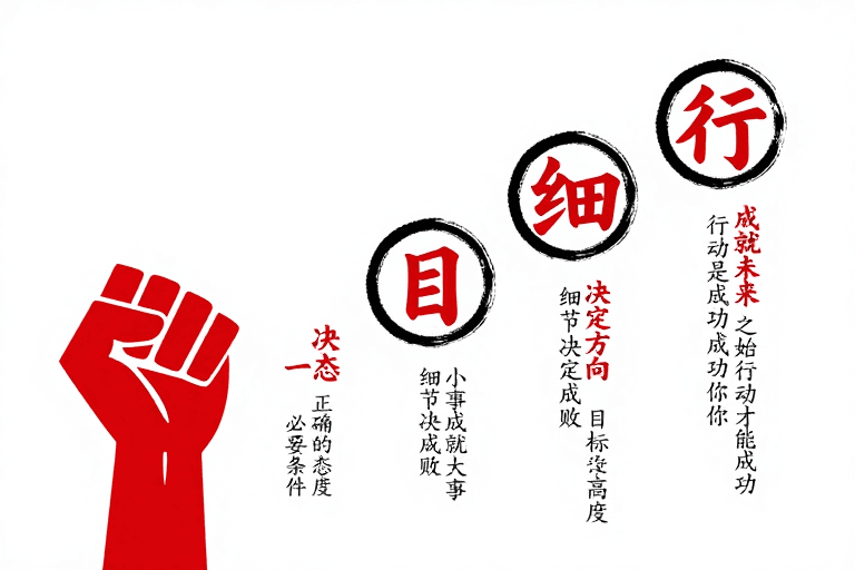 视觉引导素材：红黑书法握拳图标：态度细节行动成就未来