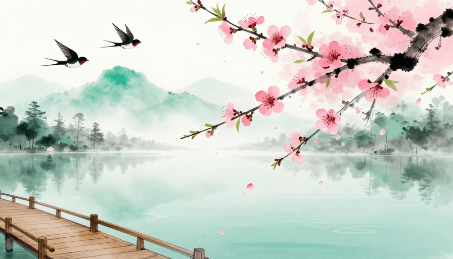 春日湖景素材：水墨桃花春景图，意境空灵的中国风春日画卷
