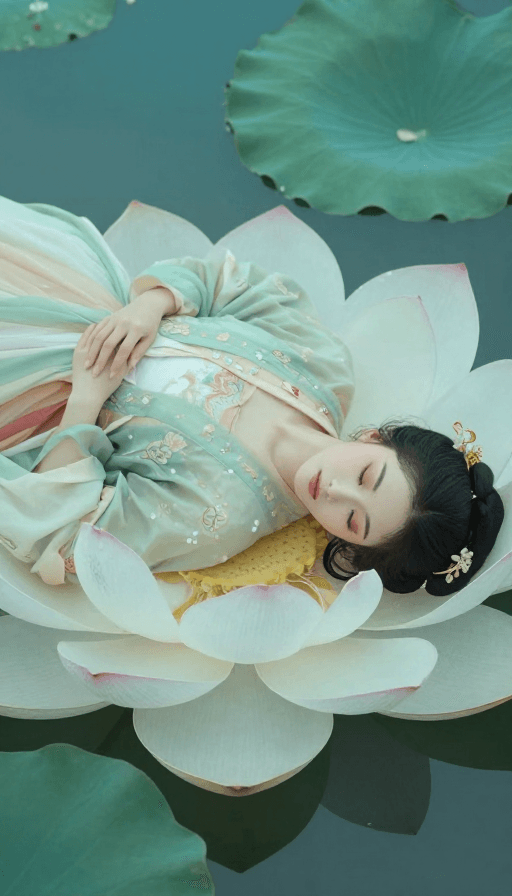 超现实主义素材：古典美人静卧莲池·超现实古风梦境