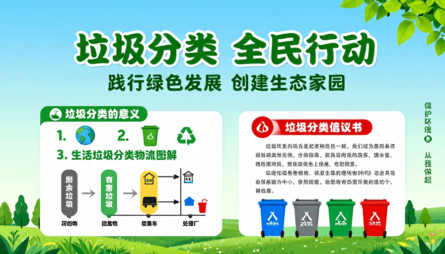清新插画素材：清新蓝绿渐变全民垃圾分类生态海报