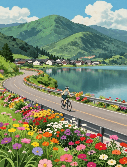 高细节插画素材：宫崎骏风骑行者沉醉花海与青山间的静谧风光