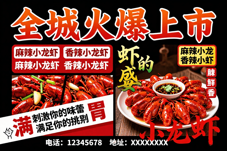 中式风格素材：热烈小龙虾盛宴：全城火爆上市促销海报