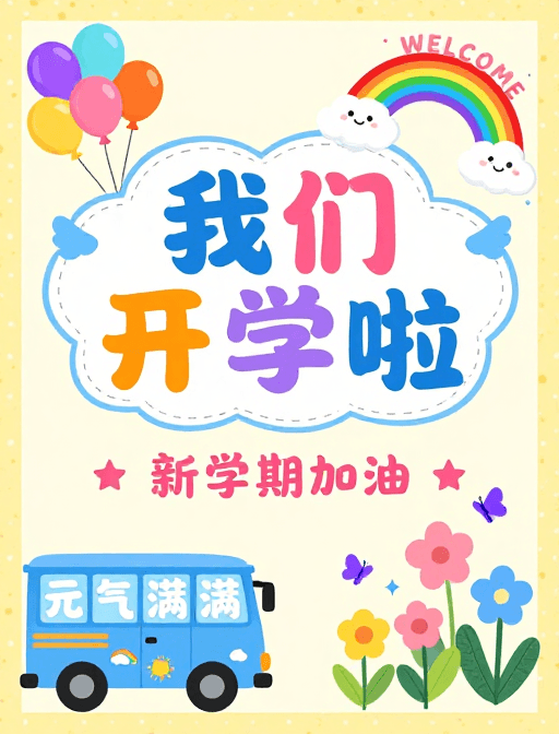 童趣风格素材：多彩卡通开学海报：童趣活力迎接新学期
