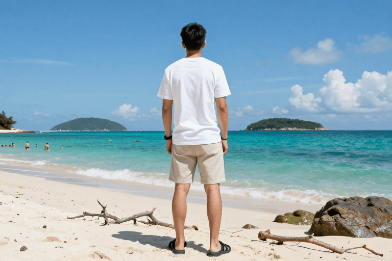 旅行摄影素材：蔚蓝海岸：男子凝望远方的宁静之旅