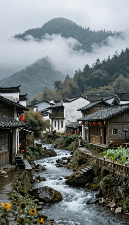 静谧意境素材：云雾缭绕的古村落：山间溪流的静谧时光