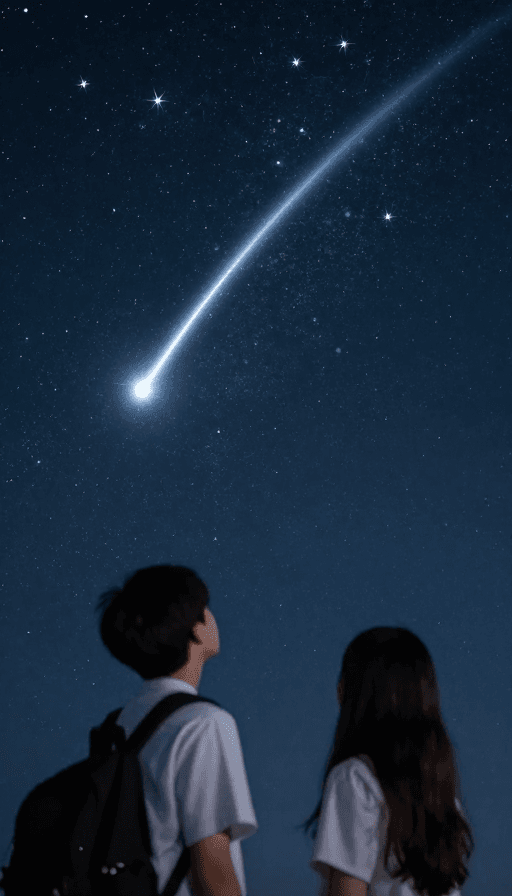 宇宙星空素材：浩瀚星空下，少年少女仰望流星划破银辉