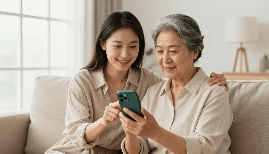 自然光拍摄素材：两代人的温情相拥：家庭亲情广告