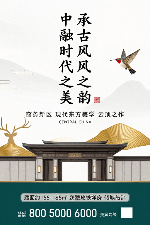 新中式风格素材：新中式美学与现代地产融合——商务新区宣传海报