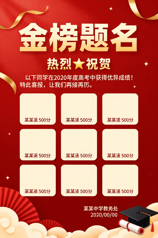 庆祝海报素材：金榜题名喜报：2020高考优异成绩庆祝海报