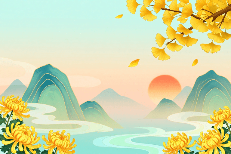 秋季主题素材：秋日东方意境山水背景插画