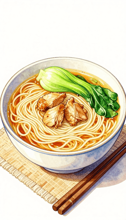 清新构图素材：森系水彩鸡汤面：清新高饱和美味