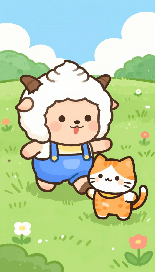 童趣插画素材：欢快草原：拟人小羊与橘猫童趣互动