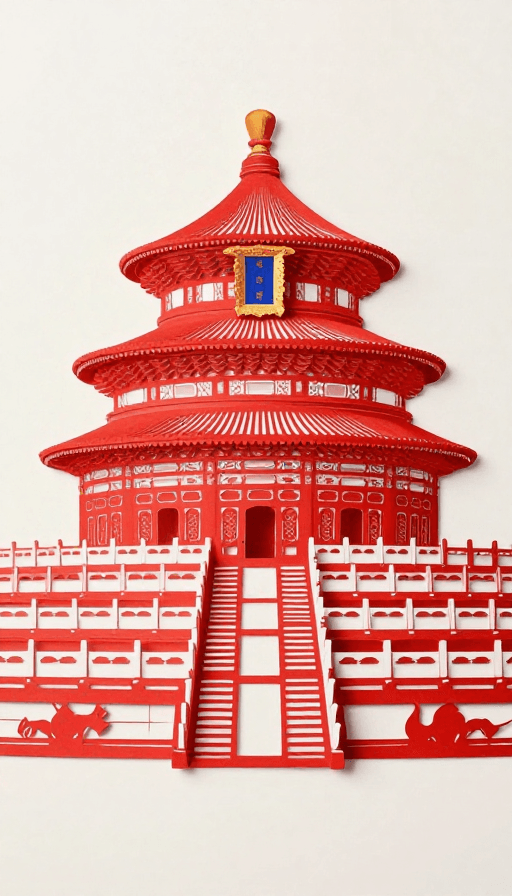 微缩摄影素材：红纸镌刻天坛秘境：非遗剪纸微缩摄影