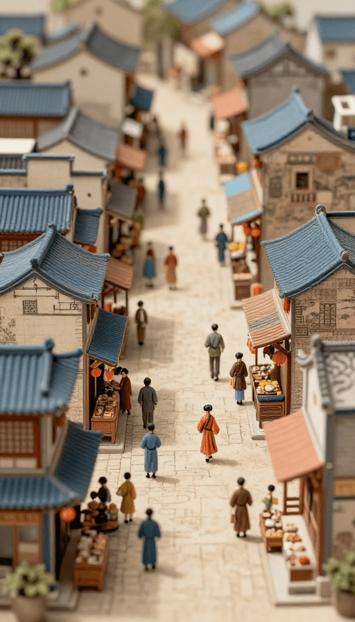文化插画素材：立体水墨《清明上河图》微观商铺街景