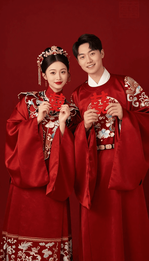 汉服婚礼素材：红色汉服新婚夫妇影楼高清实拍