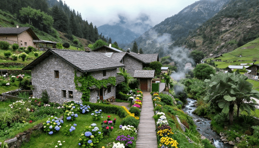 航拍摄影素材：烟雨山谷秘境：古老木径与花海民宿的静谧之美