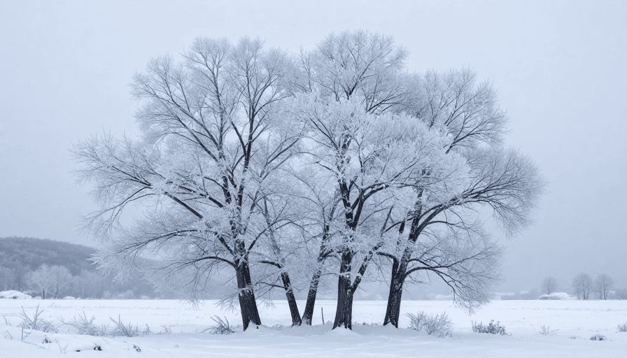 高清写真素材：雾凇覆盖的冬日雪林：静谧自然之美