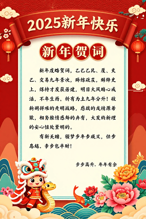 蛇年设计素材：2025年新年贺词海报：中国风传统喜庆设计