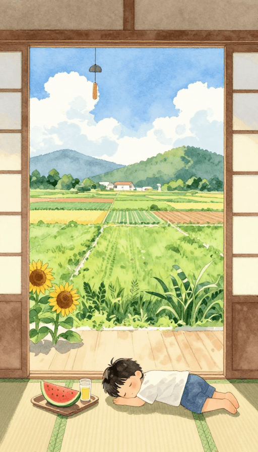 艺术创作素材：夏日田园水彩画：温馨日式午后休憩