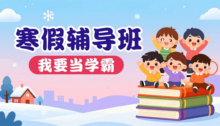 扁平手绘素材：冬日活力寒假辅导班：快乐成长，我要当学霸