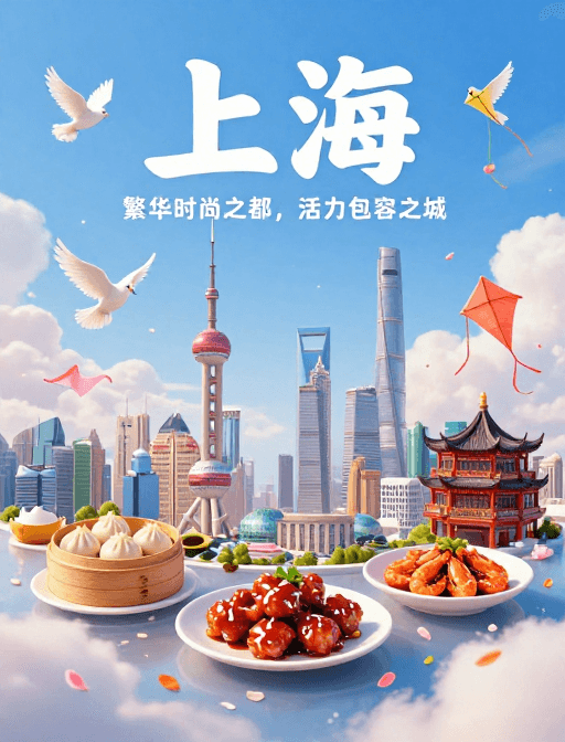 创意构图素材：空中上海：繁华美食与地标 3D创意插画