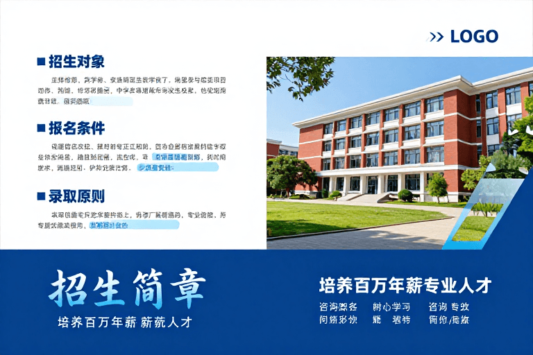 蓝白配色素材：高校招生宣传封面设计：专业蓝白与红砖实景结合