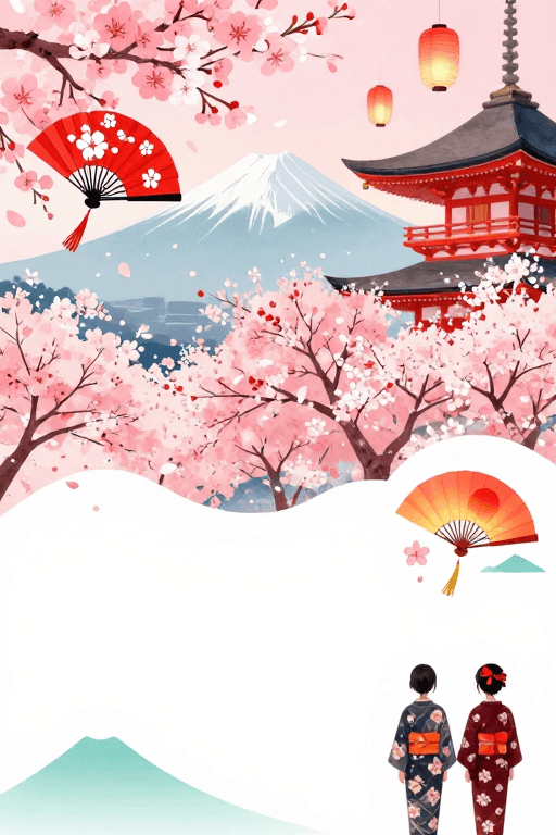 樱花场景素材：日式春日樱花神社水彩插画背景