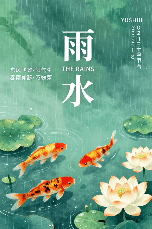 水墨插画素材：水墨雨水：青绿春雨下的东方诗意海报